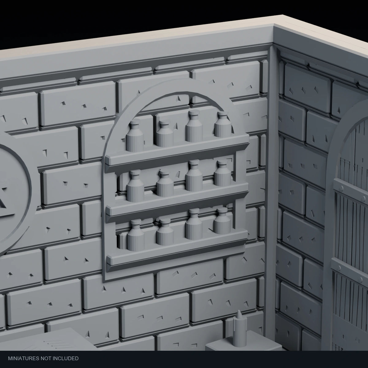 Close-up visualization of the bottle shelves in the Alchemist’s Workshop display.