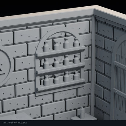 Close-up visualization of the bottle shelves in the Alchemist’s Workshop display.