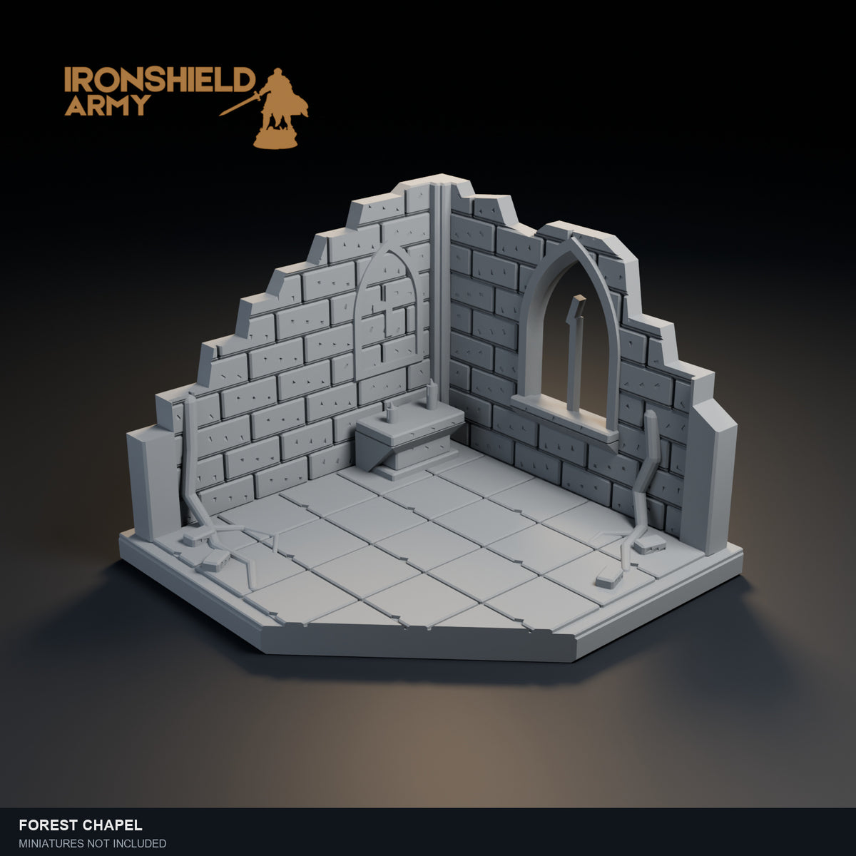 Forest Chapel PLA display visualization with an open front, sculpted interior and clipped corner.