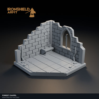 Forest Chapel PLA display visualization with an open front, sculpted interior and clipped corner.