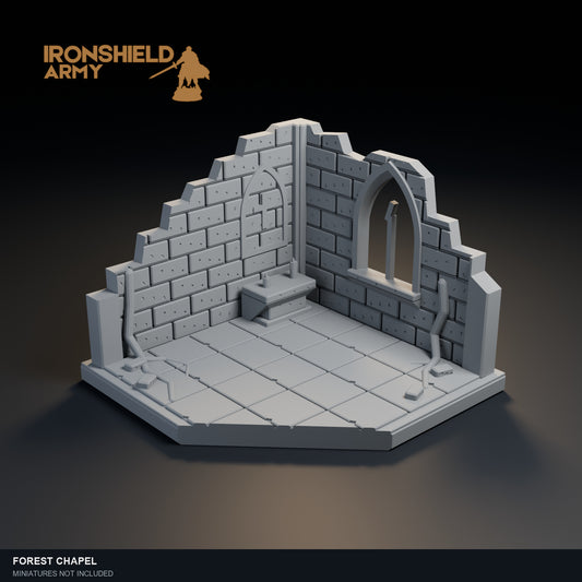 Forest Chapel PLA display visualization with an open front, sculpted interior and clipped corner.
