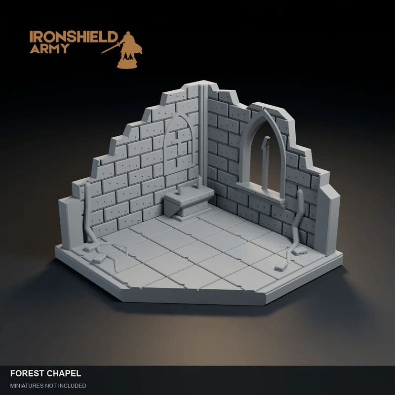 Cinematic visualization of Forest Chapel, with detail close-ups and Aaron and Alwine shown for scale. Miniatures not included.