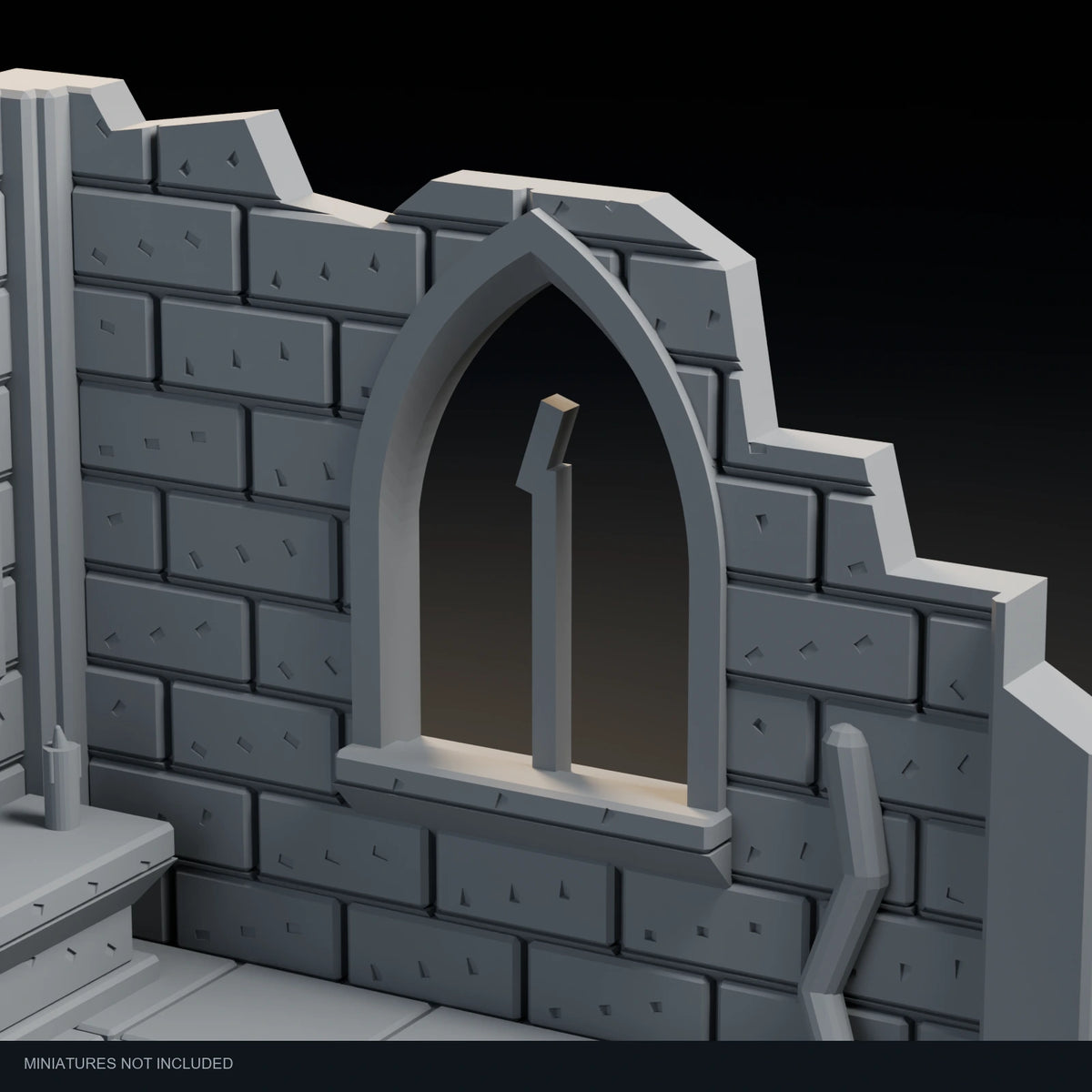 Close-up visualization of the pointed window and ruined wall in the Forest Chapel display.