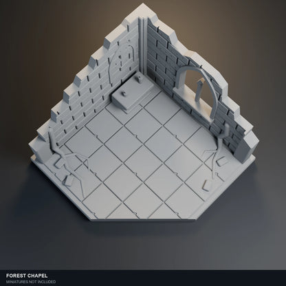 Top-angle visualization of Forest Chapel, showing its floor layout and open central area.