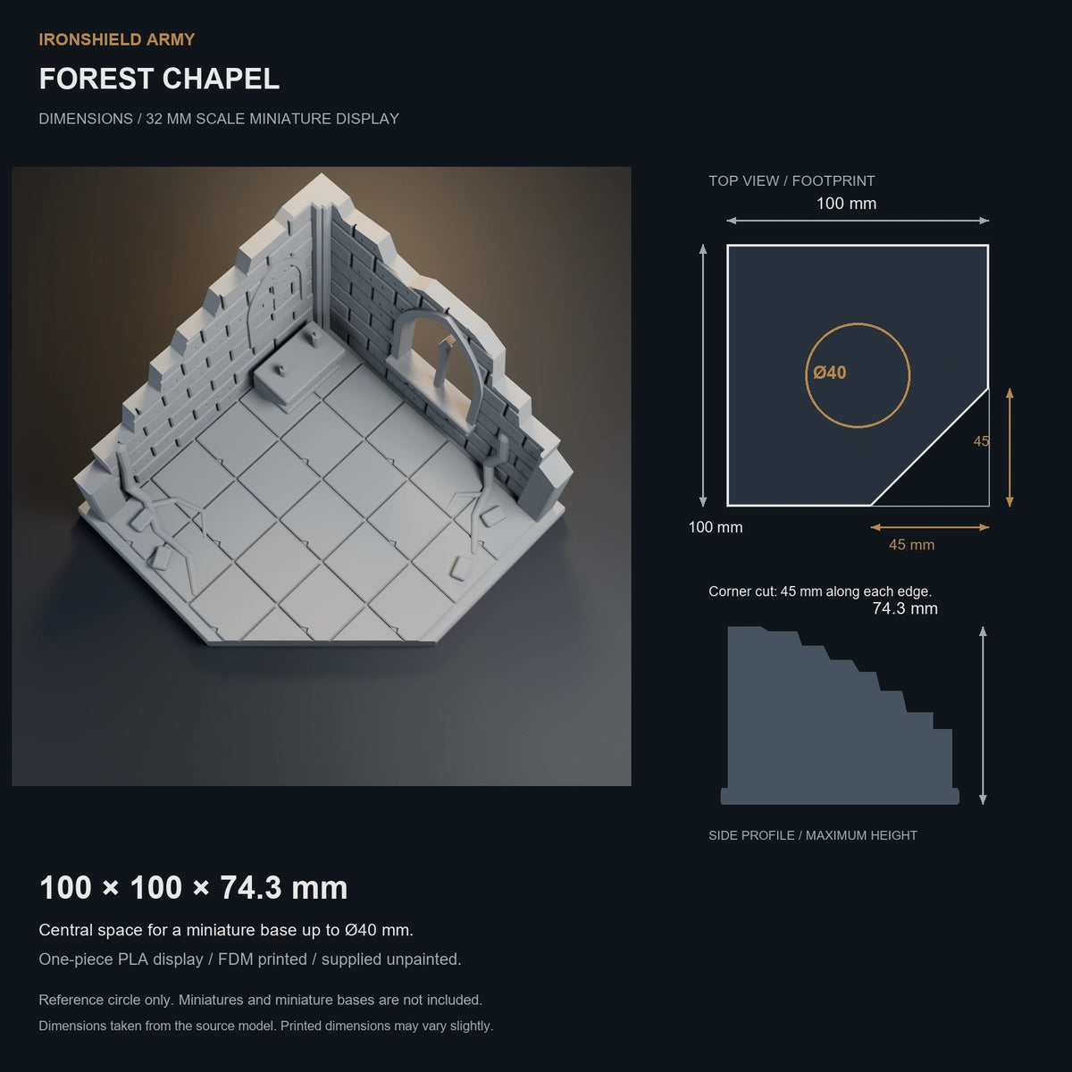 Forest Chapel dimensions: 100 × 100 × 74.3 mm, with a reference circle for a base up to Ø40 mm.