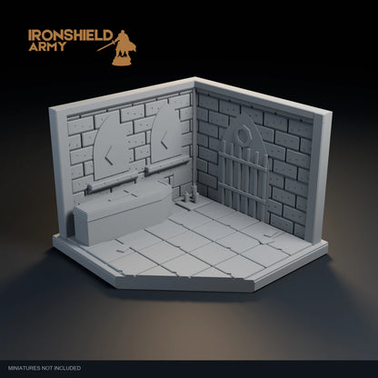 Necromancer’s Crypt PLA display visualization with an open front, sculpted interior and clipped corner.