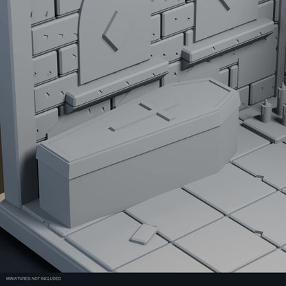 Close-up visualization of the full-length sarcophagus and lid cross in the Necromancer’s Crypt display.