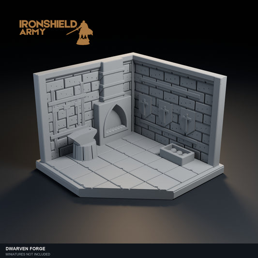 Dwarven Forge PLA display visualization with an open front, sculpted interior and clipped corner.