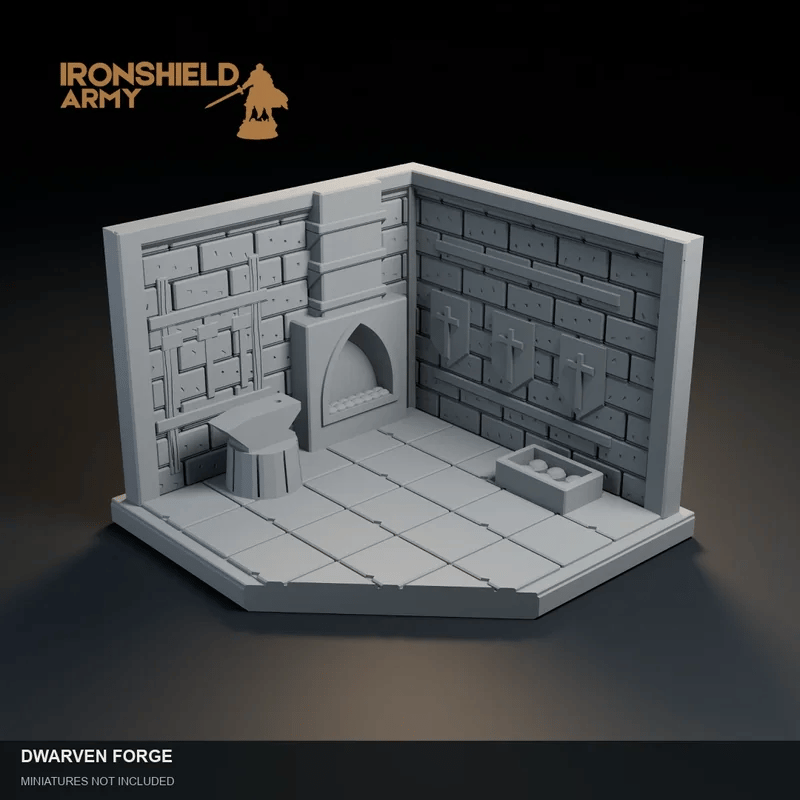 Cinematic visualization of Dwarven Forge, with detail close-ups and Aaron and Alwine shown for scale. Miniatures not included.