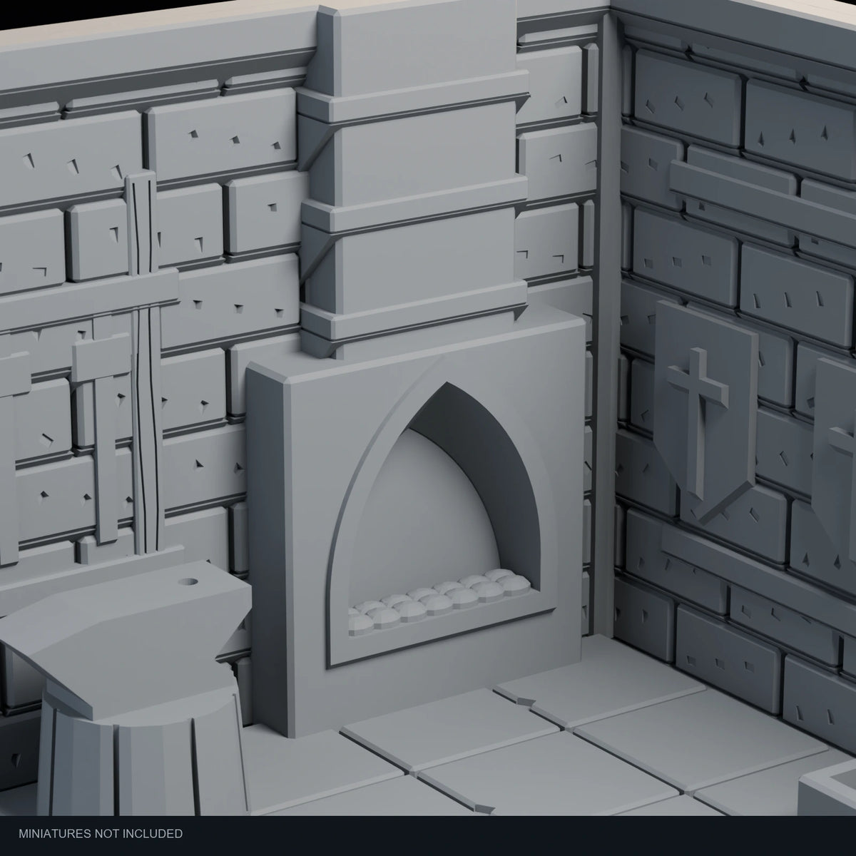Close-up visualization of the forge hearth and chimney in the Dwarven Forge display.