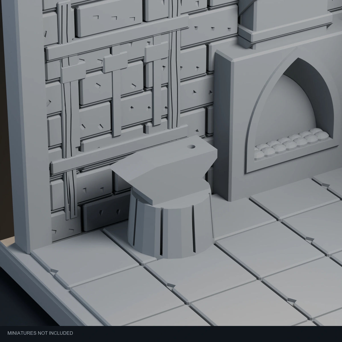 Close-up visualization of the anvil on its stump in the Dwarven Forge display.