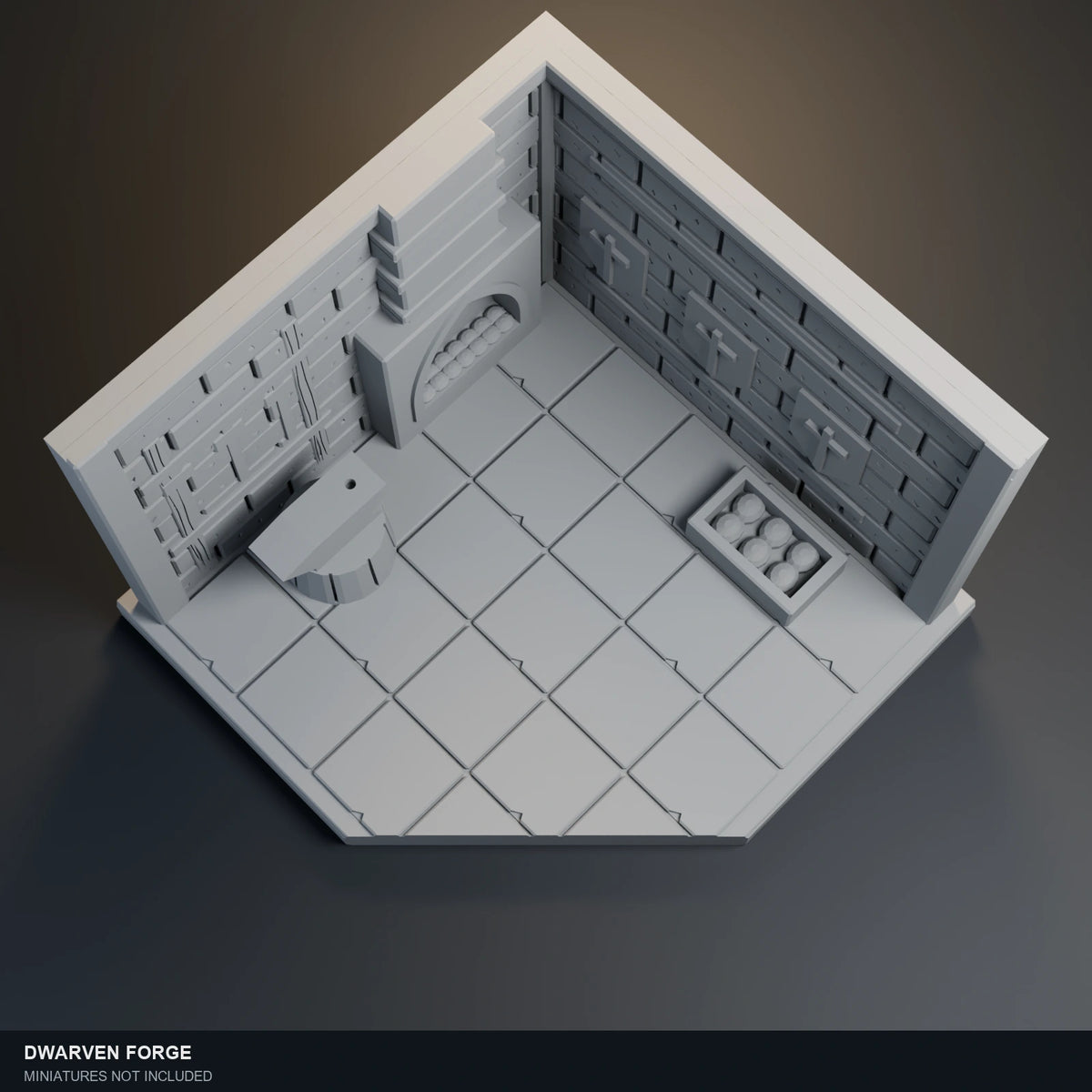 Top-angle visualization of Dwarven Forge, showing its floor layout and open central area.