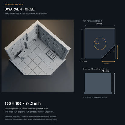 Dwarven Forge dimensions: 100 × 100 × 74.3 mm, with a reference circle for a base up to Ø40 mm.