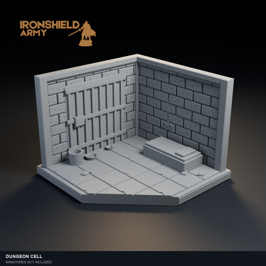 Dungeon Cell PLA display visualization. Physical unpainted scenery; miniatures not included.
