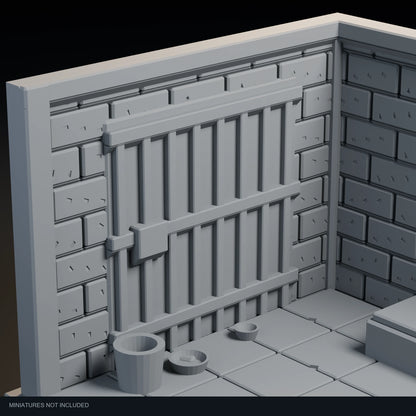 Close-up visualization of the barred-door relief in Dungeon Cell.