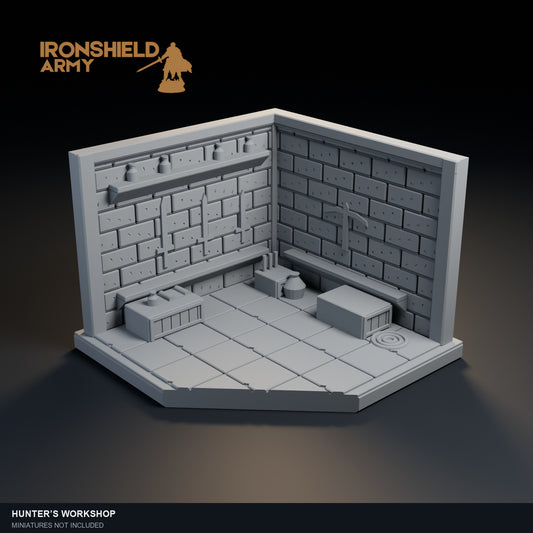 Hunter’s Workshop PLA display visualization. Physical unpainted scenery; miniatures not included.