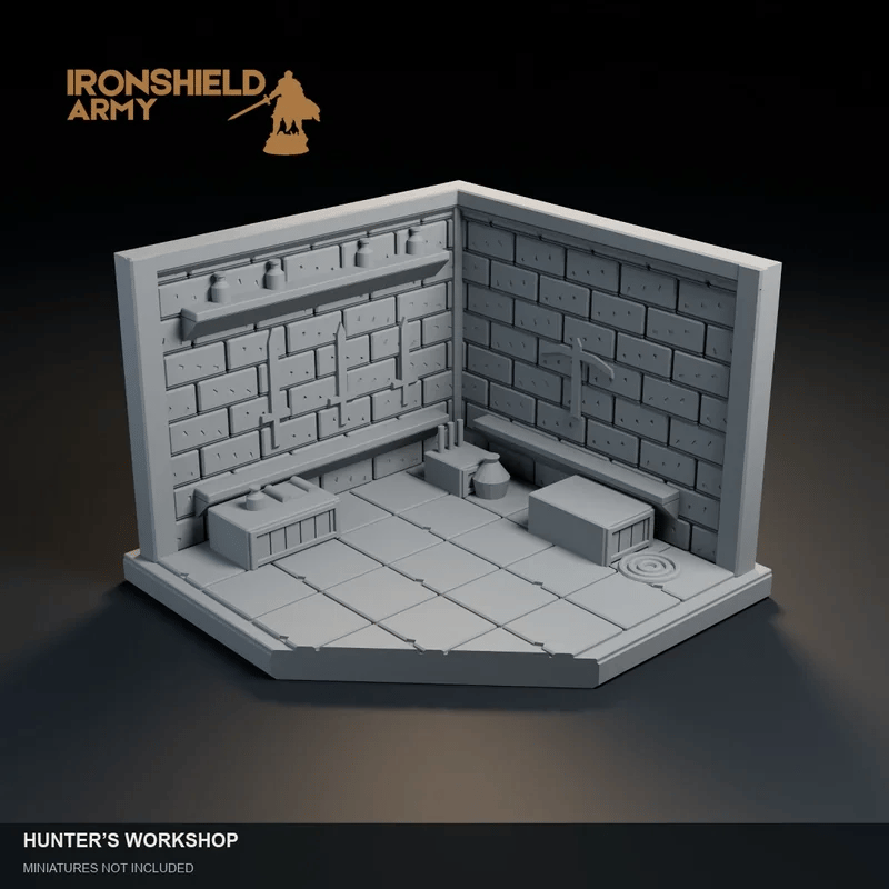 Animated cinematic visualization of Hunter’s Workshop. Detail close-ups, Aaron the mage and Alwine the warrior shown for scale. Miniatures not included.