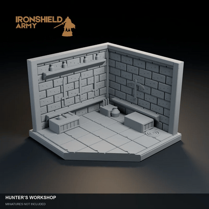 Animated cinematic visualization of Hunter’s Workshop. Detail close-ups, Aaron the mage and Alwine the warrior shown for scale. Miniatures not included.