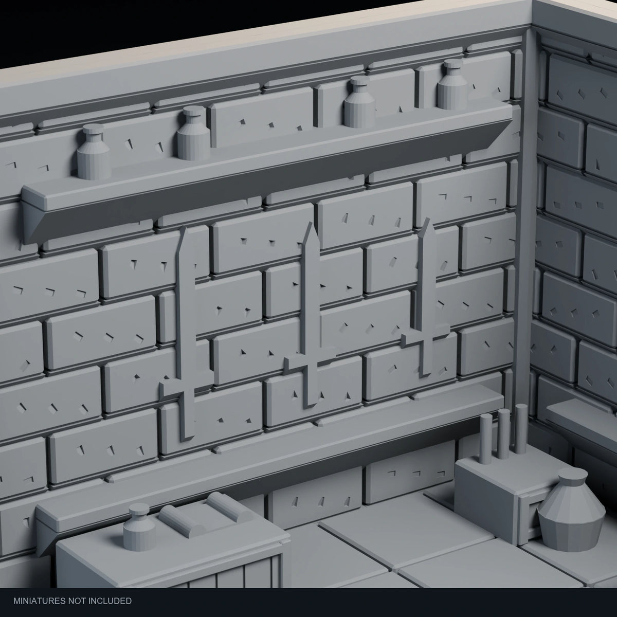 Close-up visualization of the three sword reliefs in Hunter’s Workshop.