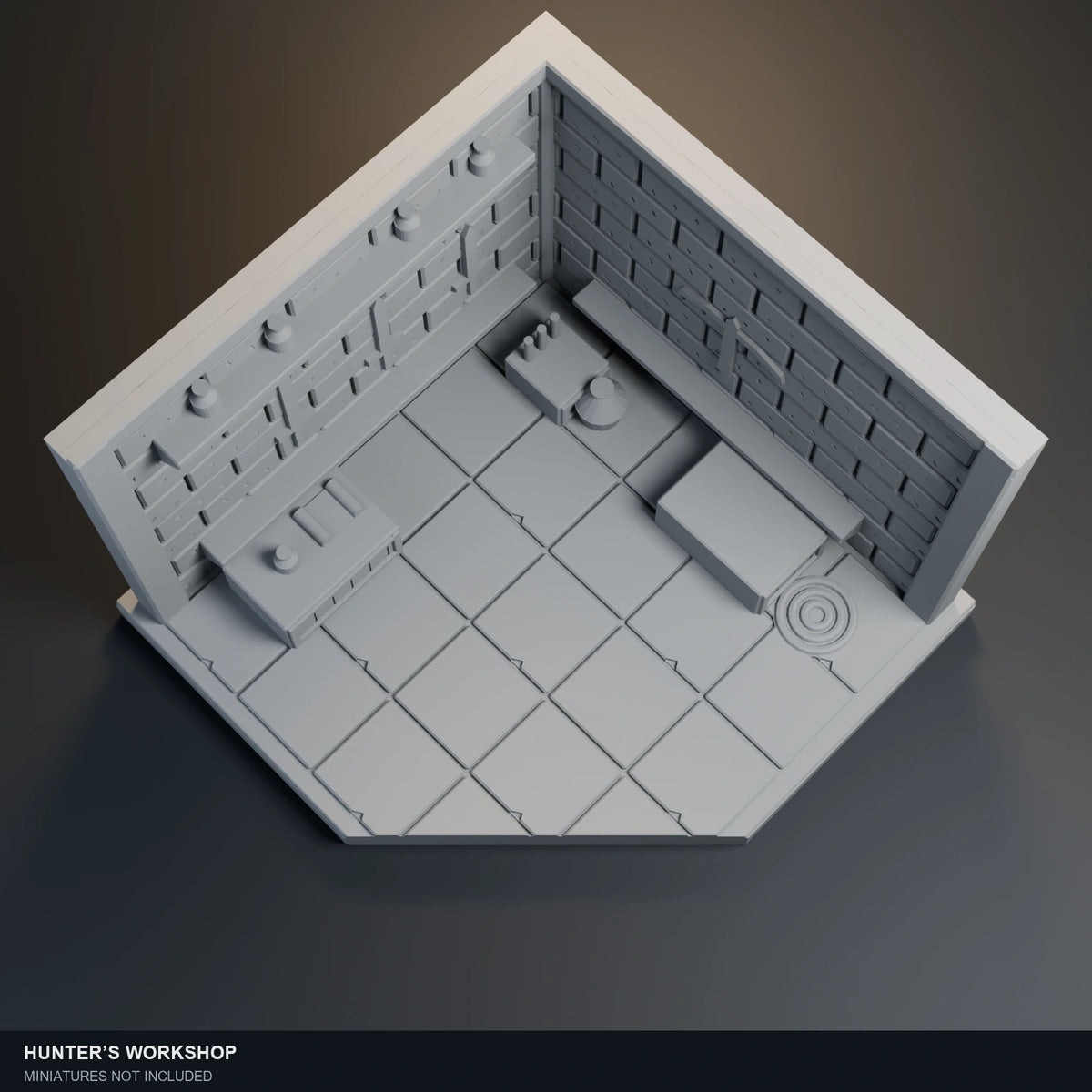 Top-angle visualization of Hunter’s Workshop, showing the sculpted floor and open central area.