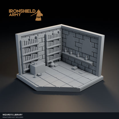 Wizard’s Library PLA display visualization. Physical unpainted scenery; miniatures not included.