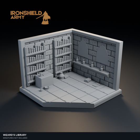 Wizard’s Library PLA display visualization. Physical unpainted scenery; miniatures not included.