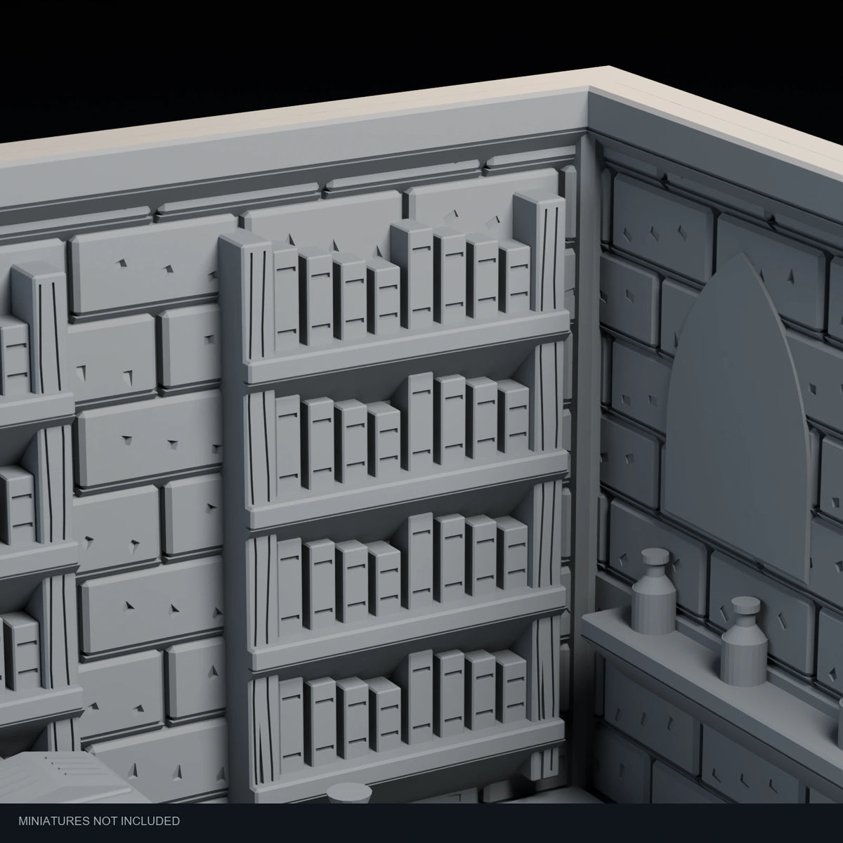 Close-up visualization of the sculpted bookshelves in Wizard’s Library.