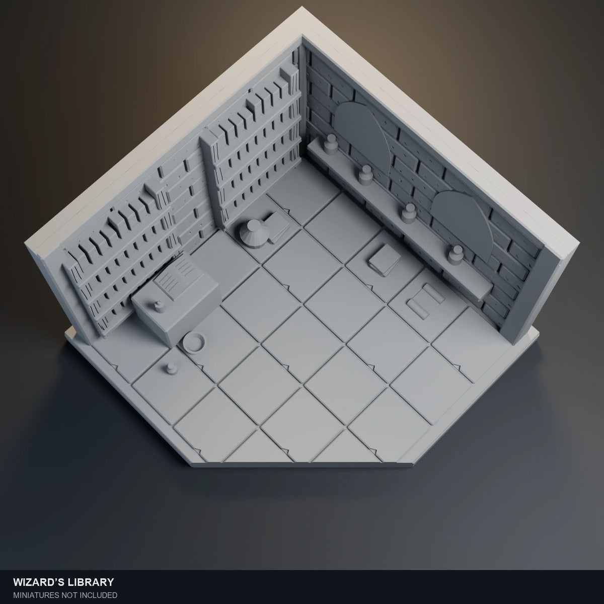 Top-angle visualization of Wizard’s Library, showing the sculpted floor and open central area.