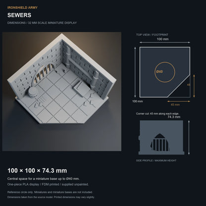 Sewers dimensions: 100 × 100 × 74.3 mm; reference circle for a miniature base up to Ø40 mm.