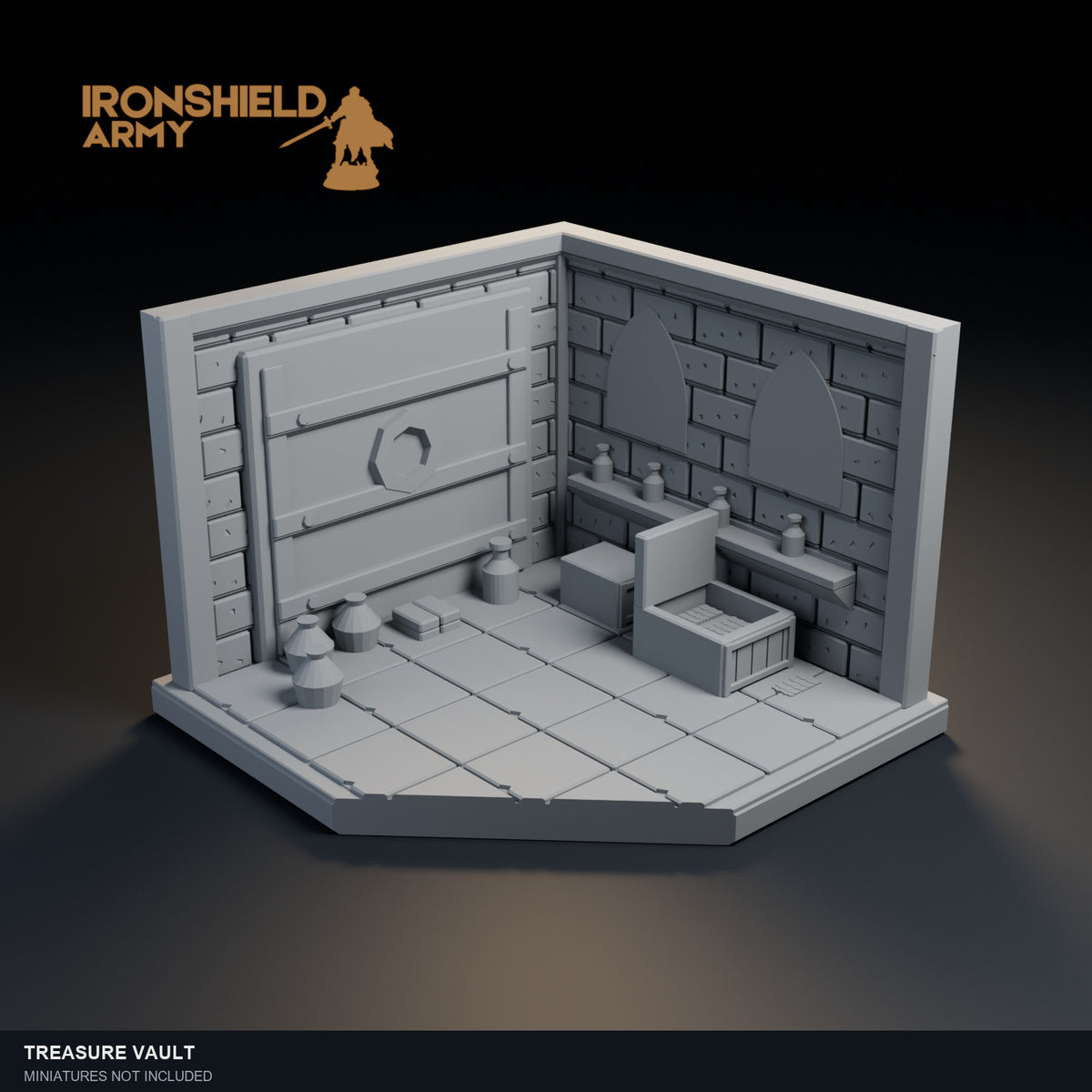 Treasure Vault PLA display visualization. Physical unpainted scenery; miniatures not included.
