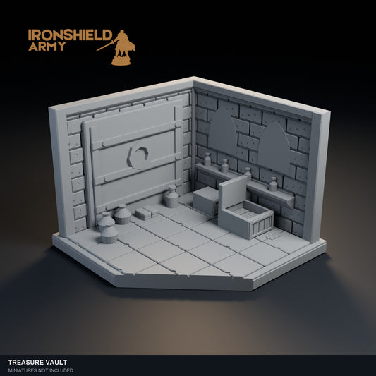 Treasure Vault PLA display visualization. Physical unpainted scenery; miniatures not included.