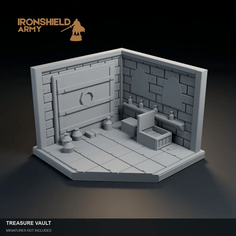 Animated cinematic visualization of Treasure Vault. Detail close-ups, Aaron the mage and Alwine the warrior shown for scale. Miniatures not included.