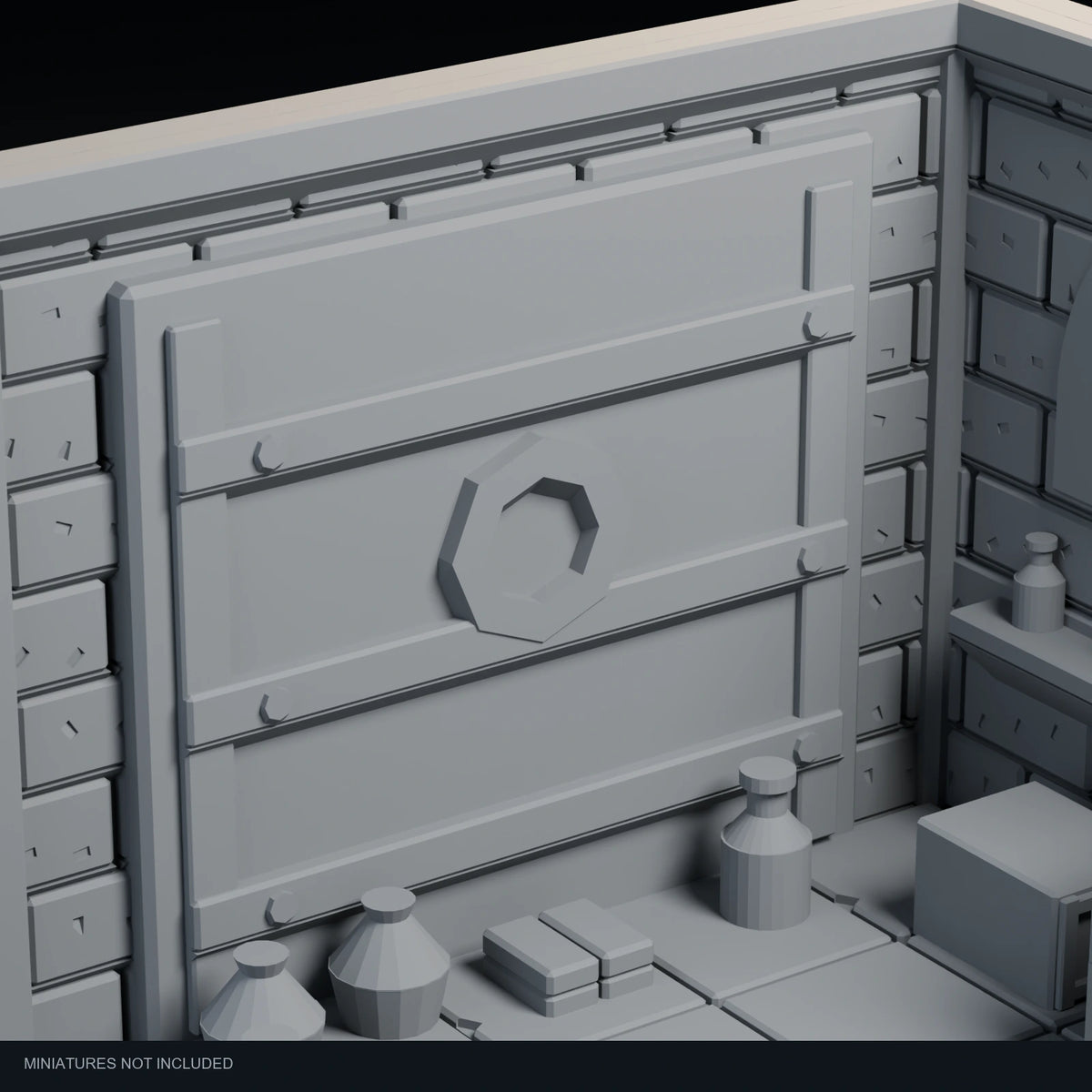 Close-up visualization of the reinforced vault-door relief in Treasure Vault.