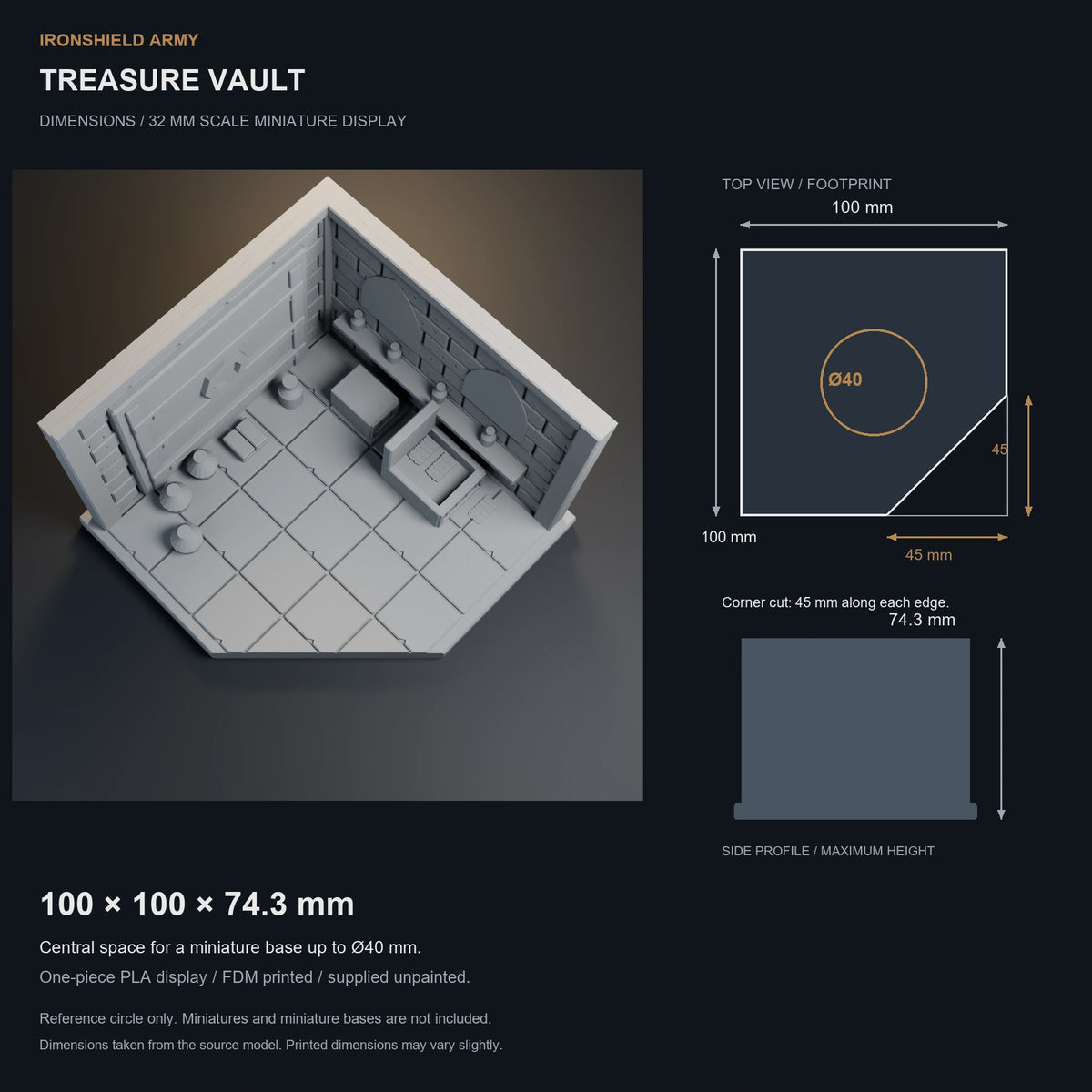 Treasure Vault dimensions: 100 × 100 × 74.3 mm; reference circle for a miniature base up to Ø40 mm.