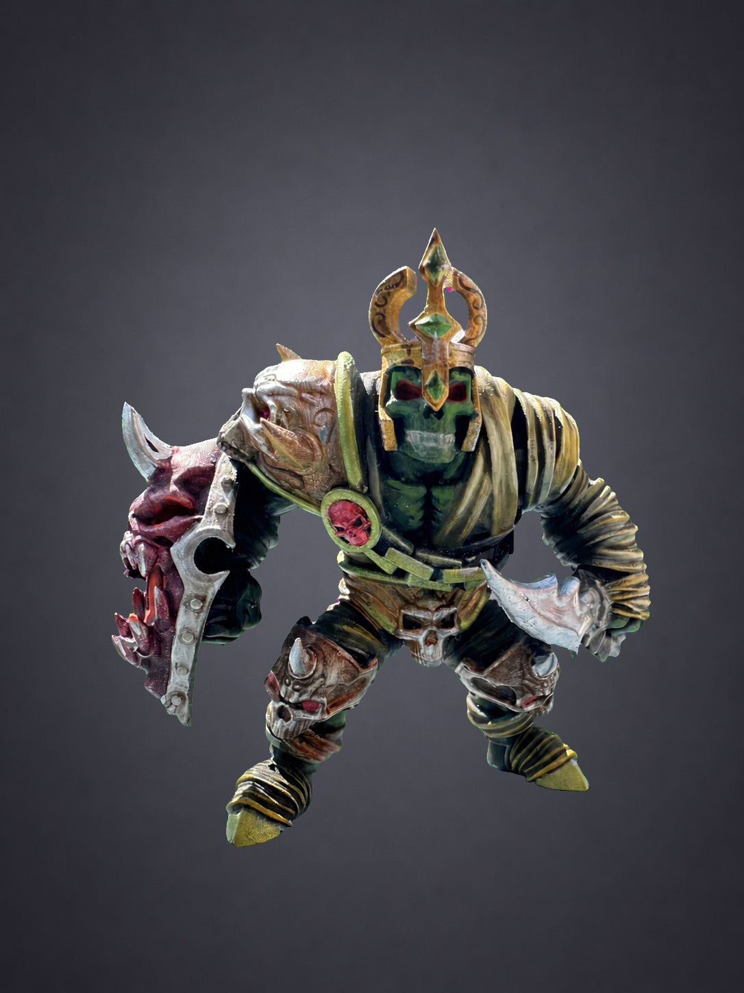 Mummified Ogre painted miniature - front view showing gold skull helm, linen wrappings and green flesh