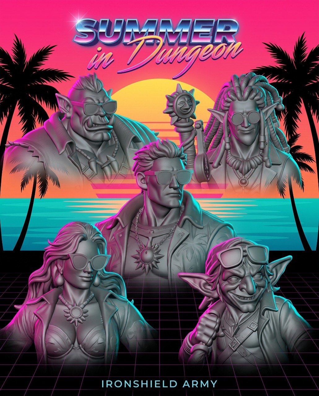 Summer in Dungeon crew - synthwave poster with all 5 miniatures