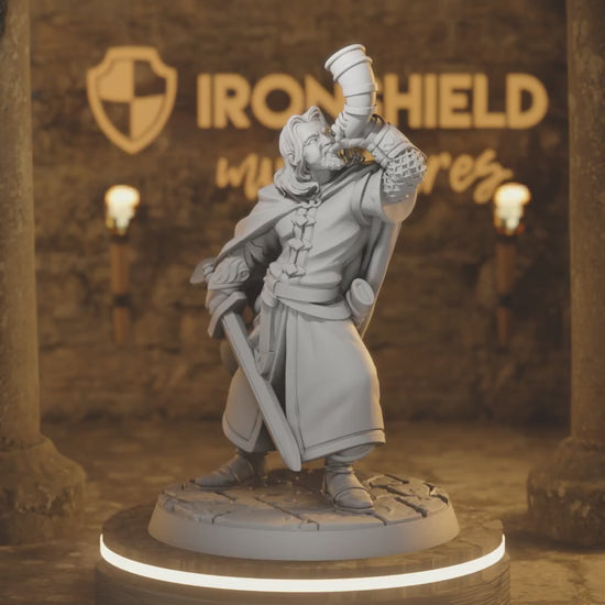 Orlando Bogamir Human Bard Fighter Horn — 360° rotating view of 3D printed DnD miniature