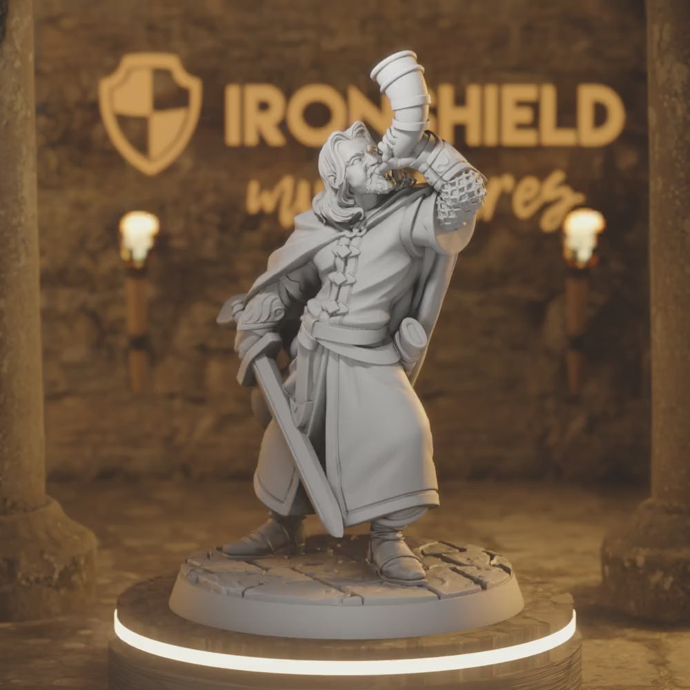 Orlando Bogamir Human Bard Fighter Horn — 360° rotating view of 3D printed DnD miniature