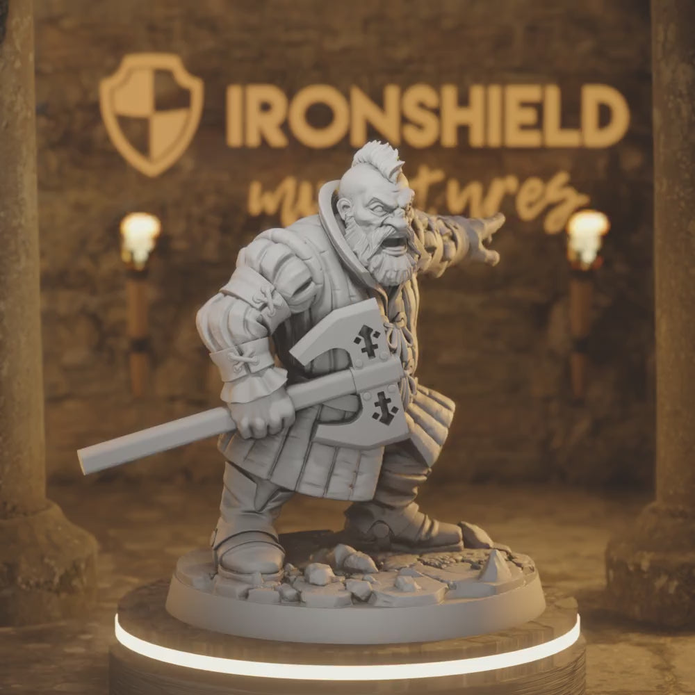 Bori van gilden Dwarf Fighter Barbarian — 360° rotating view of 3D printed DnD miniature