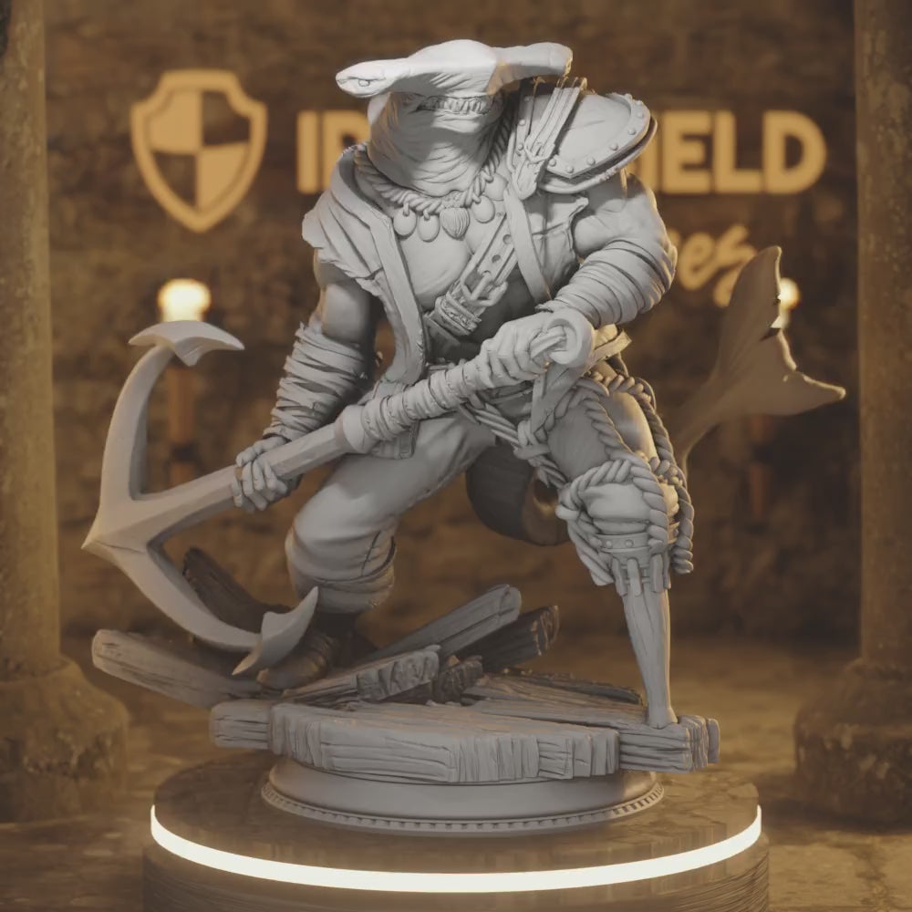 Baz – Harpooner Sharktail Raider — 360° rotating view of 3D printed DnD miniature