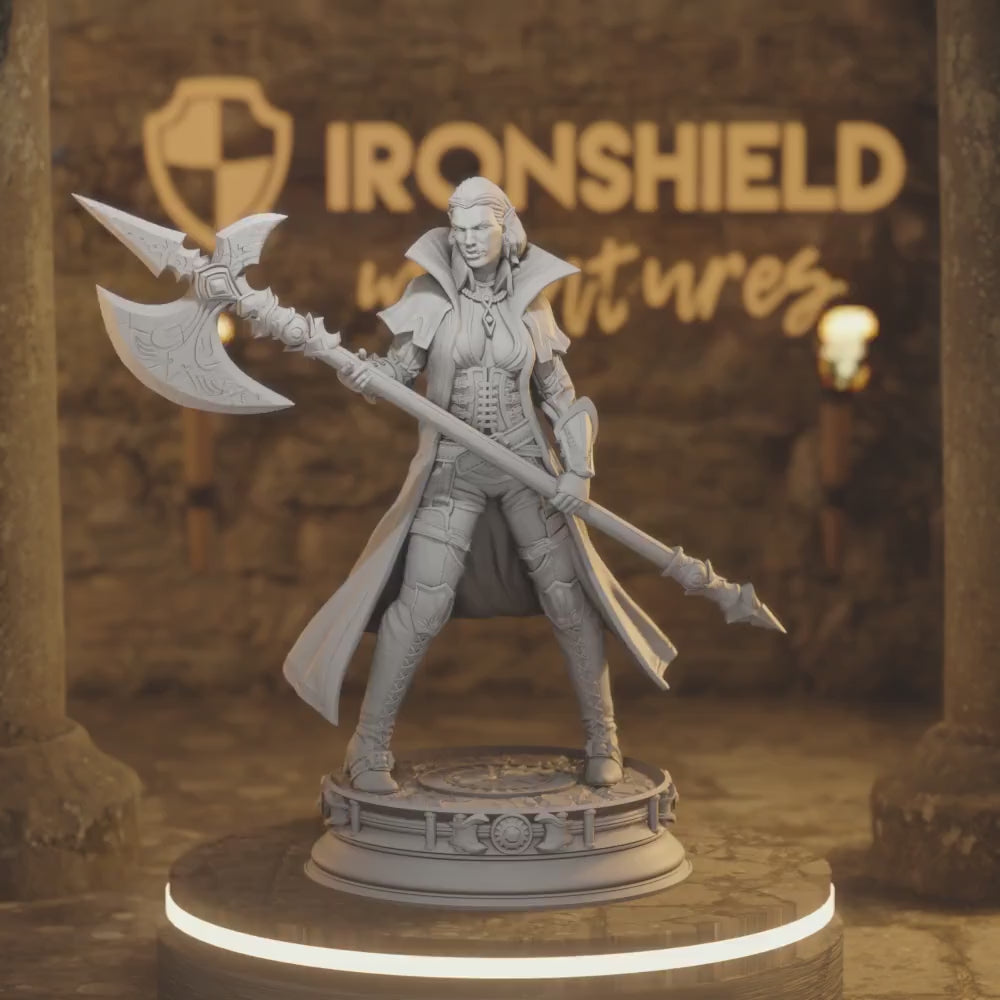 Vika Half-Orc Rogue DnD miniature 3D printed resin tabletop RPG figure with double-bladed staff
