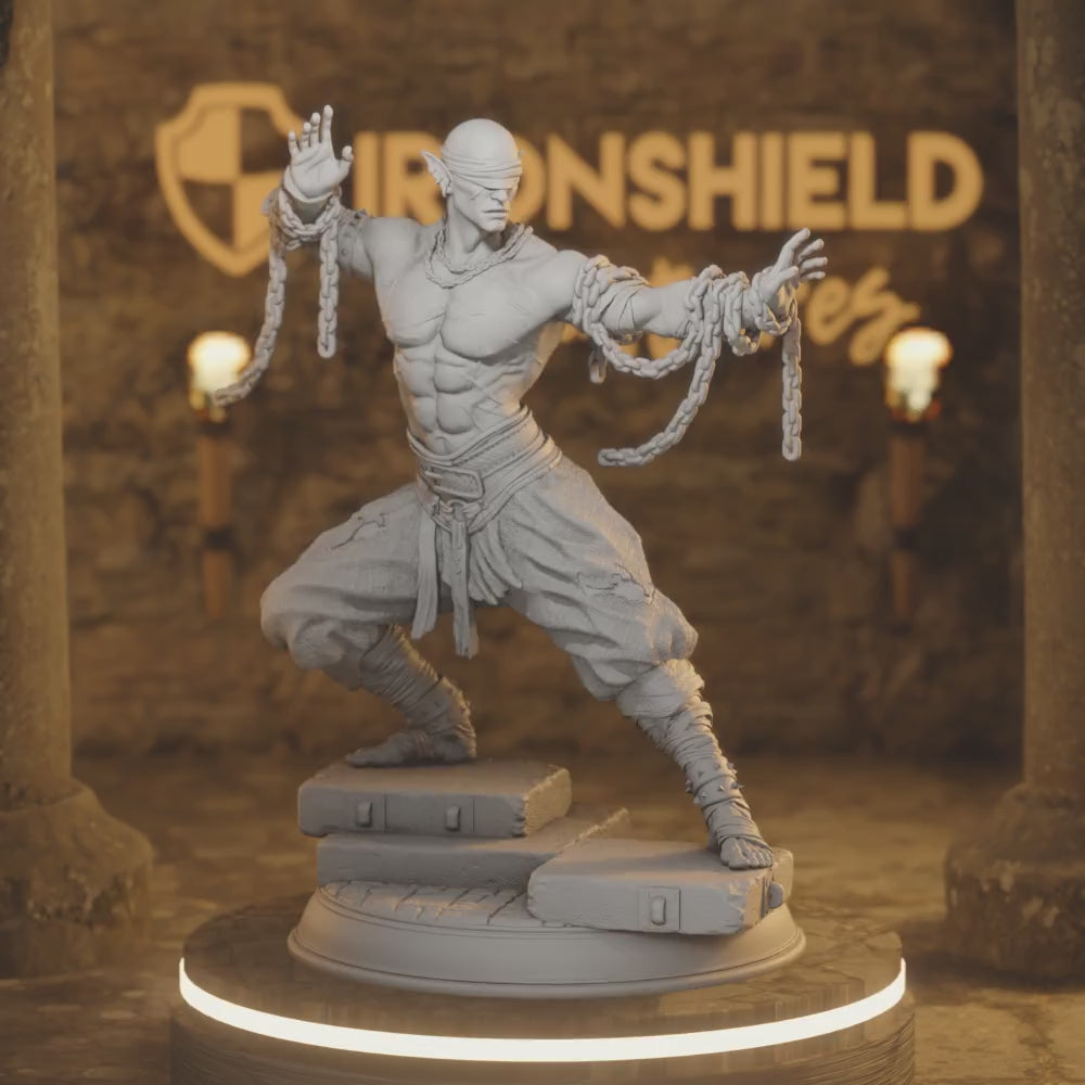 Drow Blind Monk Fighter - Uxas Vergos — 360° rotating view of 3D printed DnD miniature