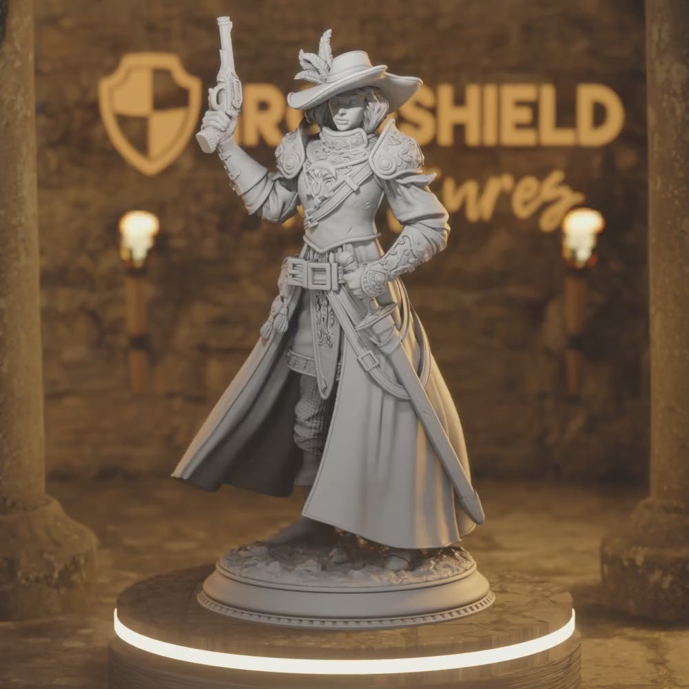 Lady Cirilia Female Ranger Gunslinger — 360° rotating view of 3D printed DnD miniature