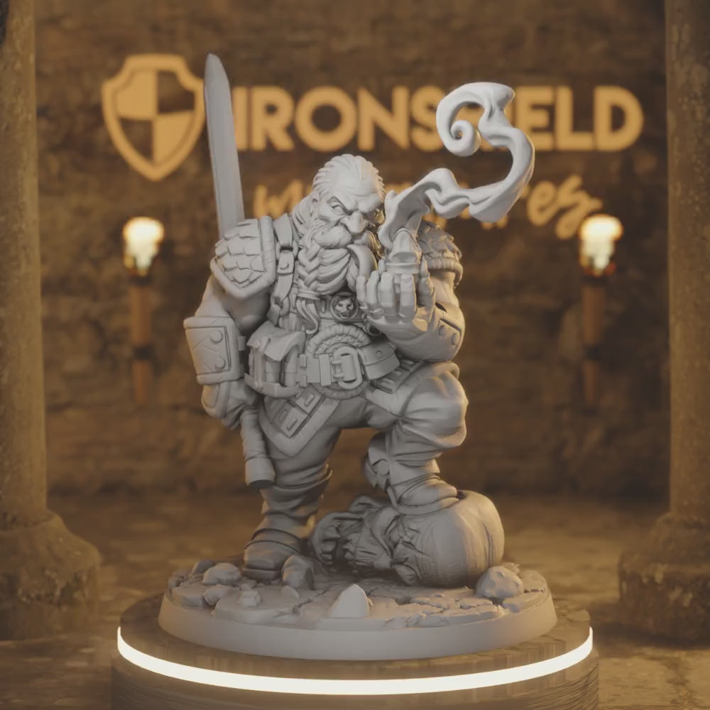 Garaldir - Dwarf Witcher Smoke Barbarian — 360° rotating view of 3D printed DnD miniature