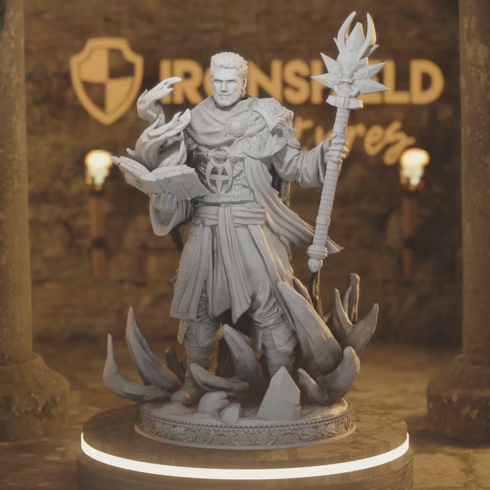 Human Wizard Loremaster - Aaron Mage Wizard Sorcerer — 360° rotating view of 3D printed DnD miniature