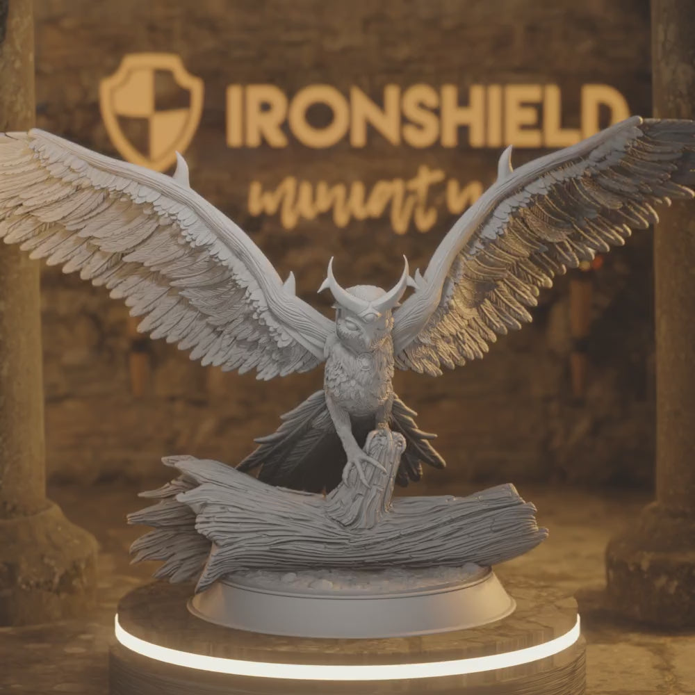 Great Owl Spirit Fey Beast - The Moon Devil — 360° rotating view of 3D printed DnD miniature