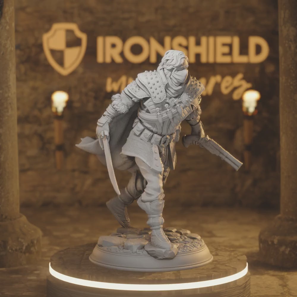 Bandit Boss - Derrick the Fin Assassin Rouge — 360° rotating view of 3D printed DnD miniature