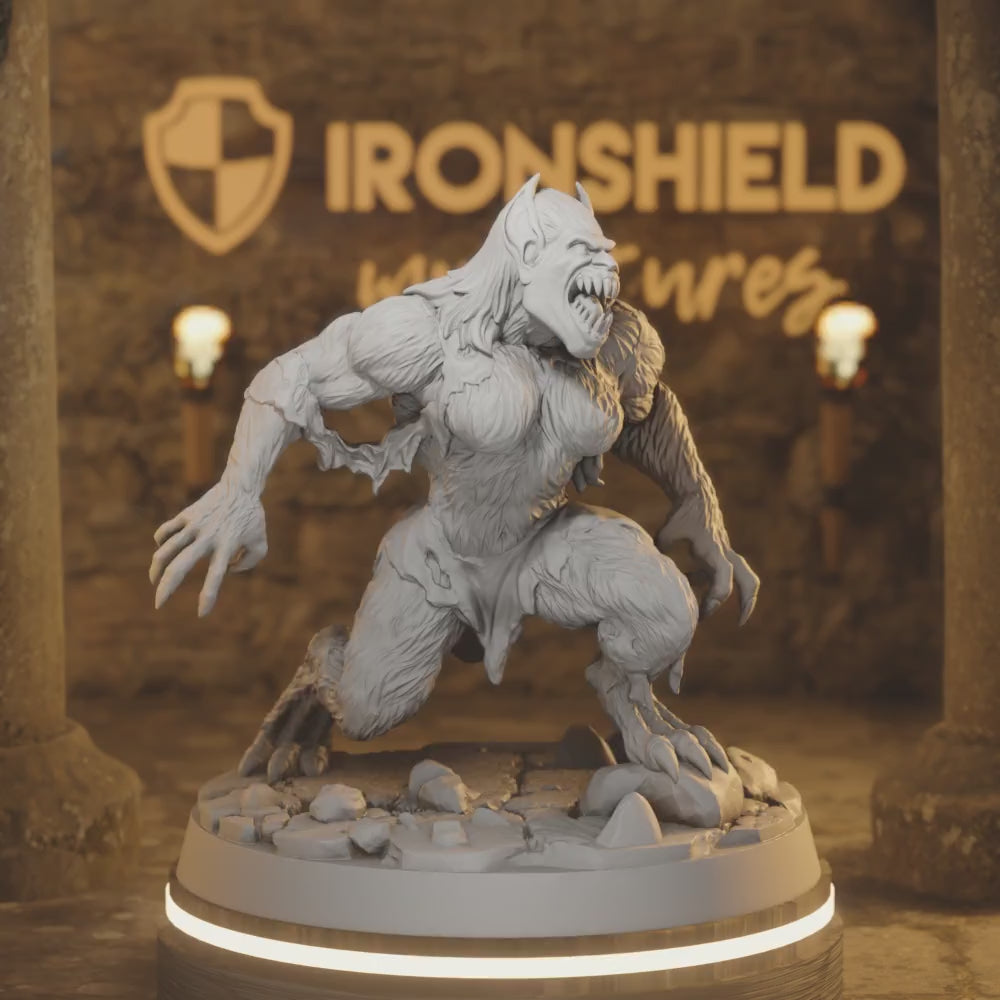 Female Werebeast Monster Wild Elven Beast — 360° rotating view of 3D printed DnD miniature