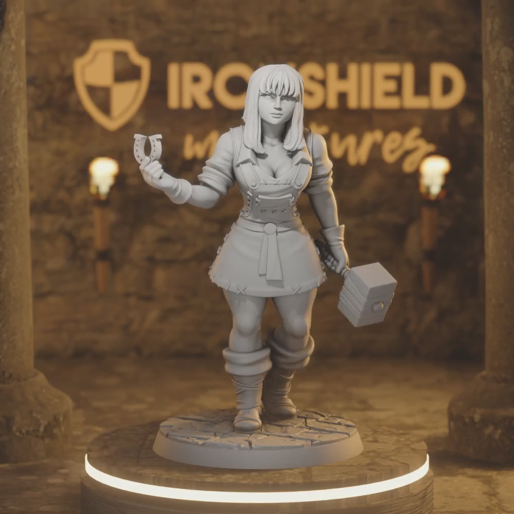 Branda Human Female Blacksmith Npc — 360° rotating view of 3D printed DnD miniature