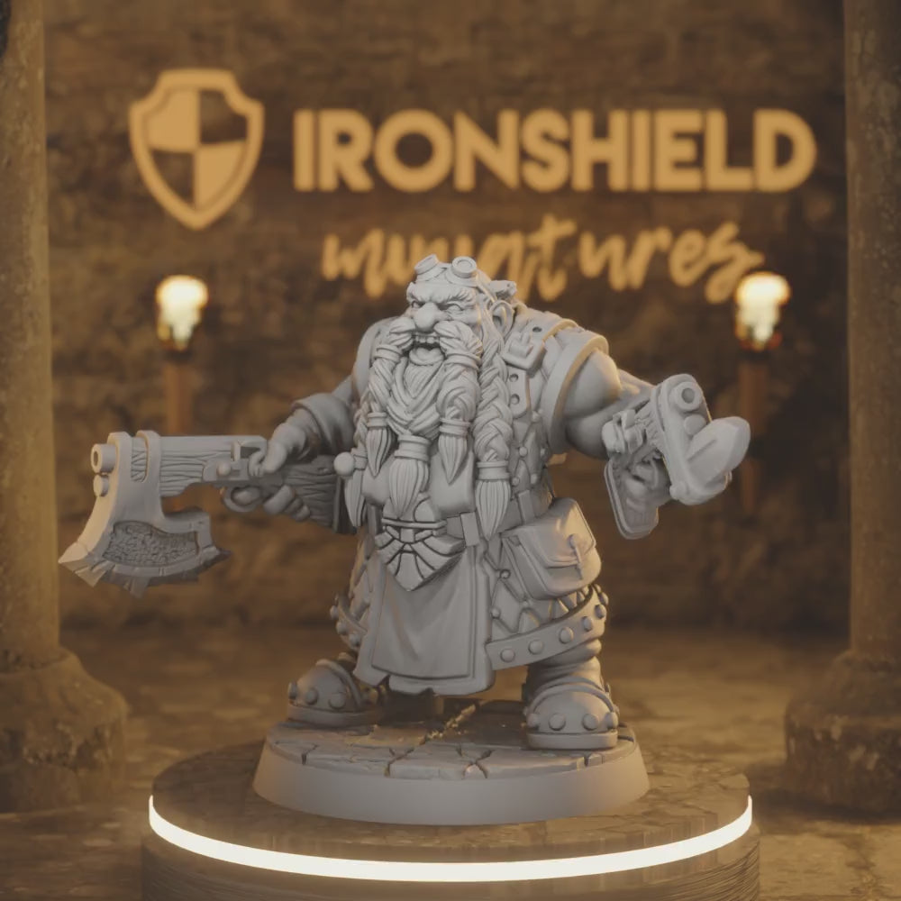 Grangir Dwarf Gun Ranger Fighter Miner — 360° rotating view of 3D printed DnD miniature